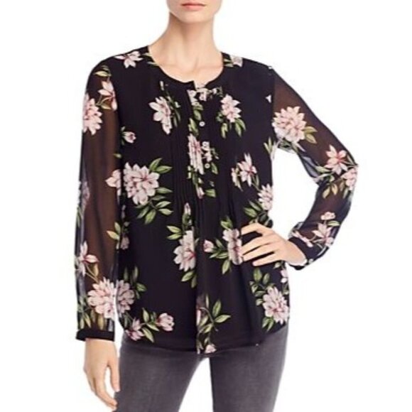 NWT Women's Small Daniel Rainn Long Sleeve Sheer Pleated Blouse - Black Floral - Picture 1 of 6